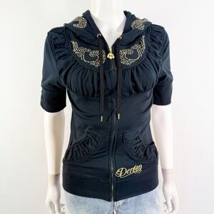 Dereon by Beyonce Black Studded Zip Hoodie Size S Short Sleeve Y2K Casual